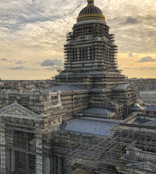 Brussels, Belgium, October 28, 2019 - Aerial view of the Brussels Palace of Justice or Court of Laws being renovated.